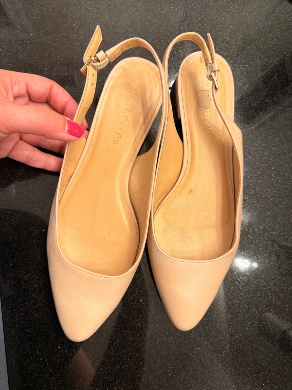 Talbots Beige Pointed-Toe Leather Slingback Flats